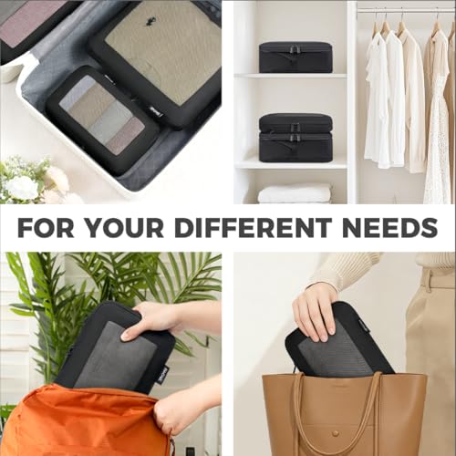 4 Set/6 Set/8 Set Compression Packing Cubes Travel Accessories Expandable Packing Organizers (Square Mesh, 05-Jet Black)
