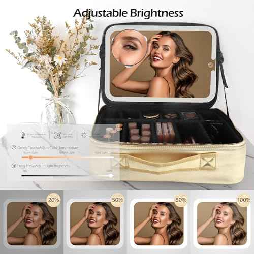 Large Makeup Train Case with Lighted and Mirror 14inch Partitionable Cosmetic Bag Travel Makeup Case Professional Cosmetic Artist Organizer
