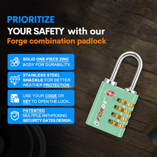 Dual-Opening: Key or Combination Access Lock, TSA Approved Locks for Luggage, Pelican case, Travel, Gym, School, Stainless Steel Shackle. (Green, 2 Pk) (2 Count)