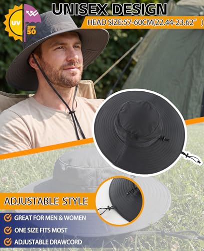 UPF50+ Mens Sun Hat Wide Brim Fishing Hat Large Brim Sun Protection Gardening Beach Bucket Hat for Men Women Dark Grey