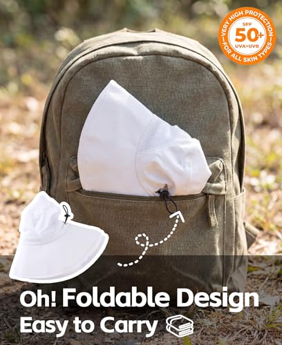 UPF50+ Mens Sun Hat Wide Brim Fishing Hat Airy Mesh UV Protection Portable Bucket Sun Hat White