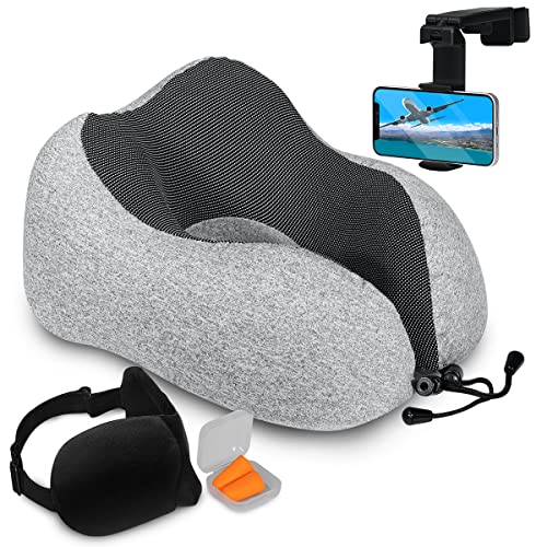 Airplane Neck Pillow Includes Travel Pillow + Airplane Phone Holder Mount + Eye Masks + Earplugs for Travel (2 Count)