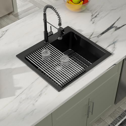 25" Quartz Sink Drop In Wet Bar Sink Black Prep Kitchen Sink Topmount Deep Single Bowl