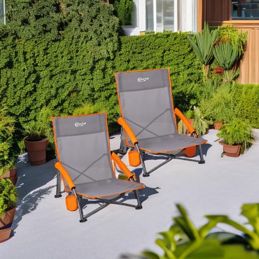 Beach Chairs for Adults 2 Pack High Back Low Folding Camping Chair Portable Lightweight with Cup Holder for Travel (2 Count)