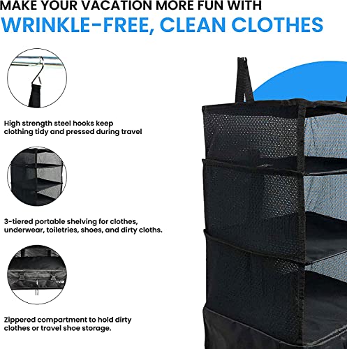 Stow-N-Go Hanging Travel Shelves, Packing Organizer for Luggage. Carry on Closet for Suitcase. Expandable Packing Cube. Travel Essentials. (Black - XL, XL = (L) 17.7" x (W) 11.8")