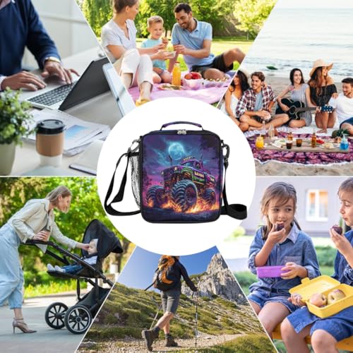 Monster Truck Cool Kids Lunch Box for Girls Boys Reusable Insulated Lunch Bag for Kids Toddler Thermal Cooler Spacious Lunchbox with Shoulder Strap Lunchbag for School Work Picnic (A08:truck)