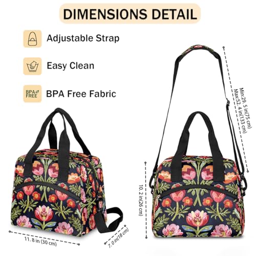 Red Flower Floral Insulated Lunch Bag for Women Girl Reusable Lunch Tote Box With Shoulder Strap Lightweight Thermal Cooler Meal Prep Bag for Work School Office Picnic (A05:flower)