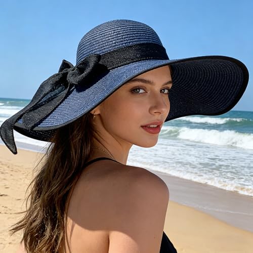 Womens Big Bowknot Straw Hat Floppy Foldable Roll up Beach Cap Sun Hat UPF 50+ ACA Navy