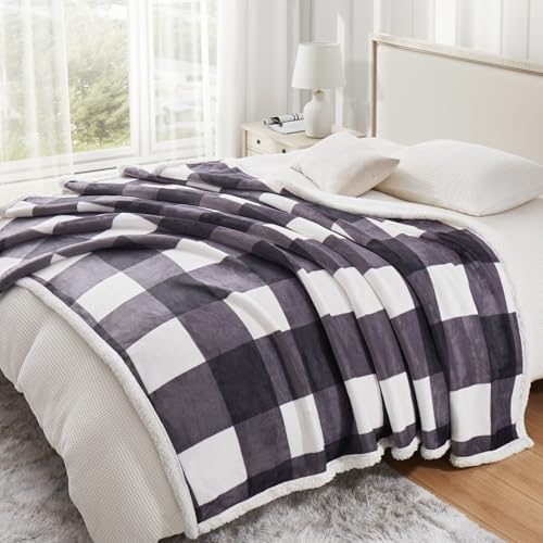 Sherpa Blanket Fleece Throw Blanket Full Queen Plaid Thick Bed Blanket