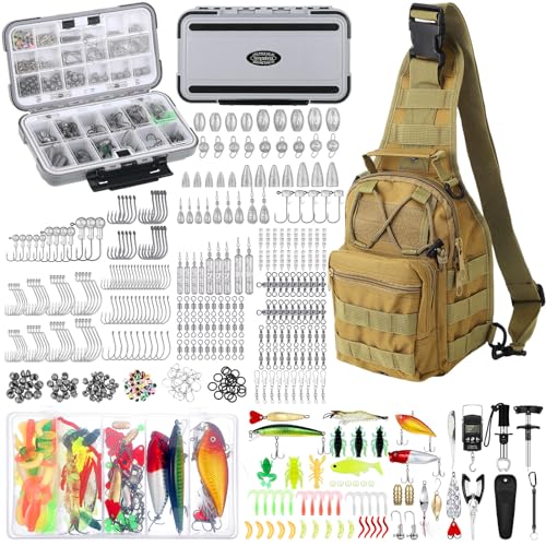 482 Pcs Fishing Sling Tackle Bag Set Fish Tackle Box Backpack Storage Fishing Gear and Equipment Included Fish Hook Remover Tool Lures Lip Gripper (482 Count)