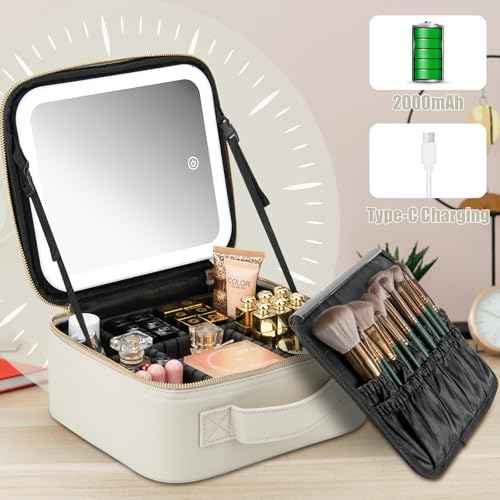 Makeup Travel Train Case with Mirror LED Light 3 Adjustable Brightness Large Cosmetic Bag Portable Storage Adjustable Partition Waterproof Make up Brushes Makeup Jewelry Gift for Women