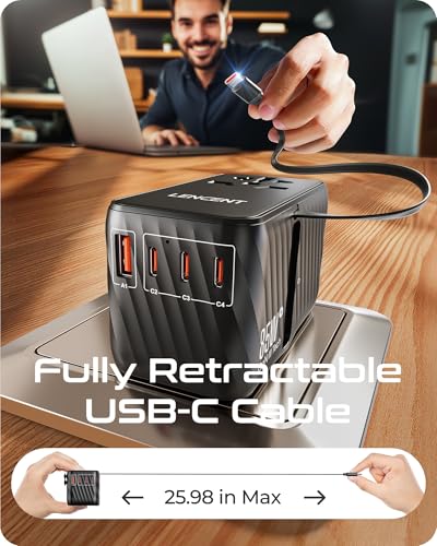 85W Universal Travel Adapter with Retractable USB C Cable