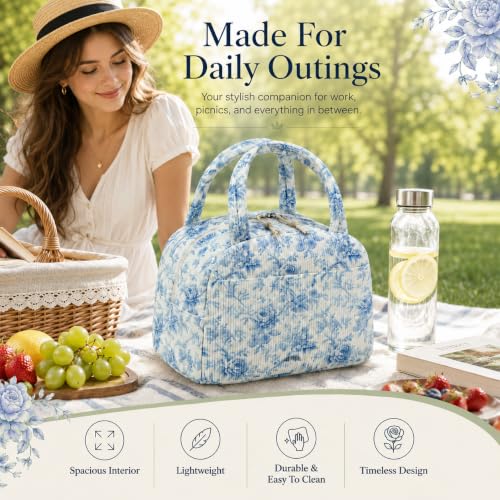 Lunch Bag for Women Cute Corduroy Lunch Tote Bags with Shoulder Strap Reusable Insulated Lunch Box Large Capacity Reusable Insulated Cooler for Work Picnic or Travel