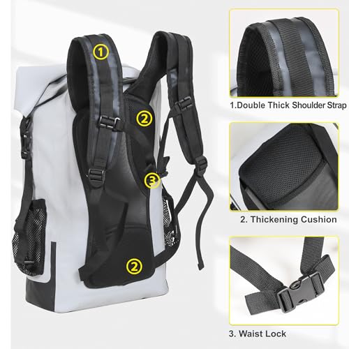 Waterproof Dry Bag 30L Boating Backpack for Travel Hiking Camping Bags for Kayaking Hiking Waterproof Bags Swimming Floating Submersible Dry Bag Grey&White