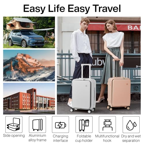 Carry On Luggage with Cup Phone Holder and Charger Hard Shell Suitcases with Spinner Wheels