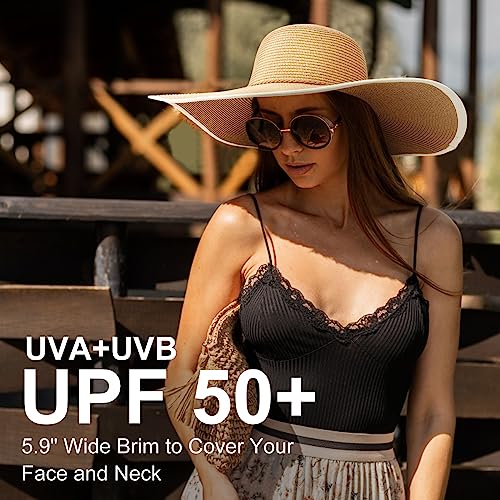 Women Twine Wide Brim Straw Hats Big Floppy Summer Hat Foldable Roll up Cap Beach Sun Hat UPF 50+