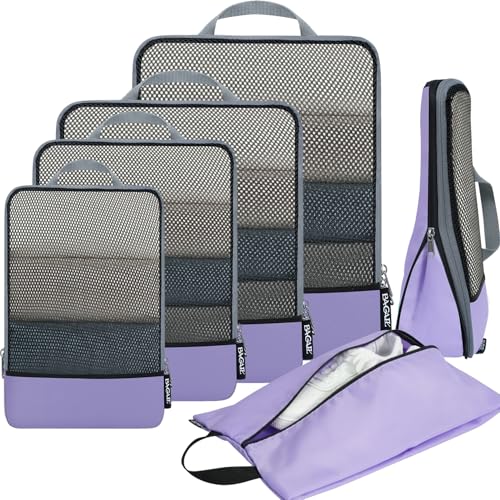 4 Set/6 Set/8 Set Compression Packing Cubes Travel Accessories Expandable Packing Organizers (Half Mesh, 6-Lavender)