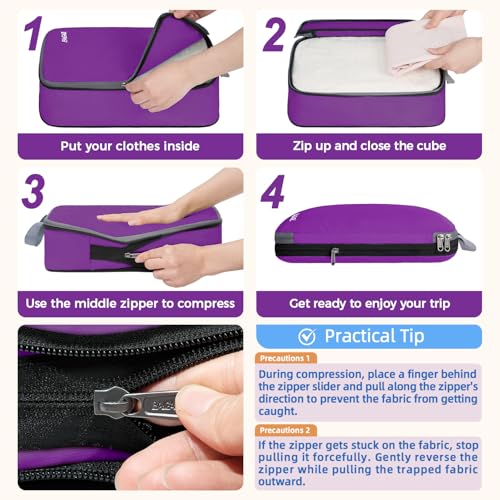 4 Set/6 Set/8 Set Compression Packing Cubes Travel Accessories Expandable Packing Organizers (Cloth Pattern, 4-Purple)