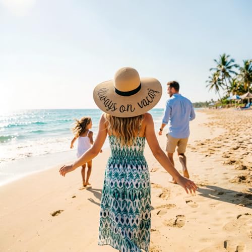 Big Straw Sun Hats for Women Floppy Foldable Roll up Beach Cap Sun Hat UPF 50+ Vacation Honeymoon Embroidered Hat