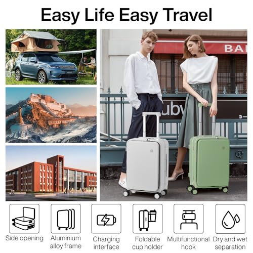Carry On Luggage with Cup Phone Holder and Charger Hard Shell Suitcases with Spinner Wheels