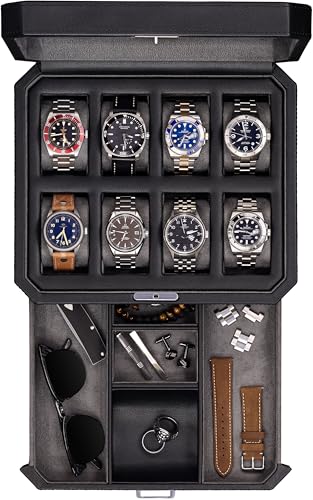 8 Slot Leather Watch Box with Valet Drawer