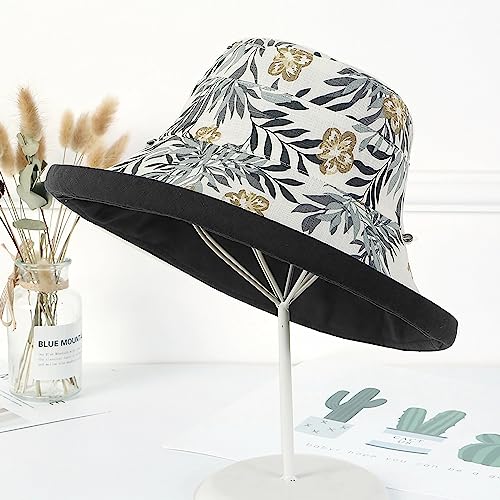 Women Floral Reversible Wide Brim Sun Hats Summer UV Protection Hiking Fishing Hat Wired Edge Beach Garden Lawn Work Cap Chin Strap