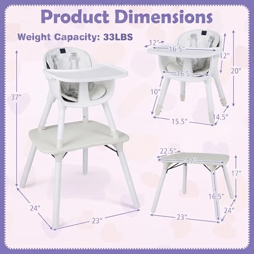 6-in-1 High Chair, Convertible Highchair for Babies and Toddlers/Kids Chair Table Set/Infant Feeding Chair w/Safety Harness, PU Leather Cushion & Removable Food Tray (White)