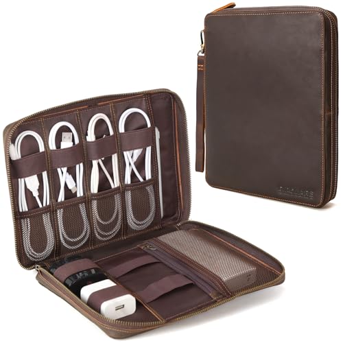 Polare Full Grain Leather Travel Cable Organizer Case Electronics Accessories Carry Bag with YKK Zippers Tech Storage Bag for Cables