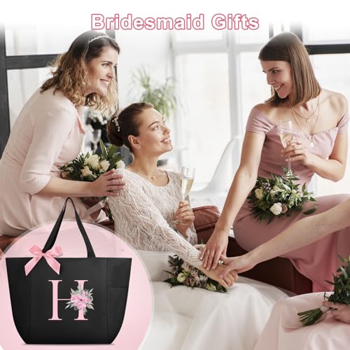 Tote Bag, A-Z Initial Monogrammed Waterproof Tote Bag, Bridesmaid Gifts for Women, Black and Pink (H, Black)