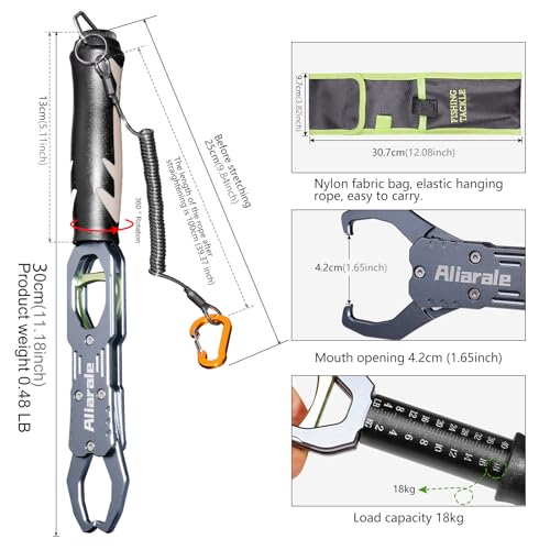 Fish Lip Gripper Fish Scales Professional Fish Holder Aluminium Alloy Material Grabber 40 Pound Fish Lip Grip Tool with Weight Scale and 360 Degree Rotation