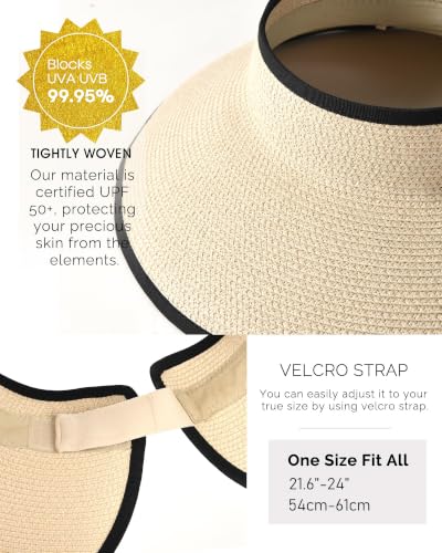 Womens Sun Hat with Ponytail Hole Wide Brim Beach Straw Visor