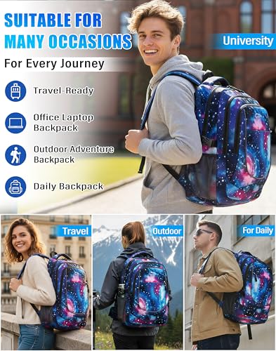 Galaxy Backpack Bookbag for College Sturdy Travel Business Hiking Fit Laptop Up to 15.6 Inch Multi Compartment Gifts for Men Women Night Light Reflective