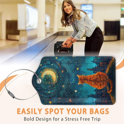 Starry Night Orange Cat 3 Pack PU Leahter Luggage Tag with Stainless Steel Loop (3 Count)