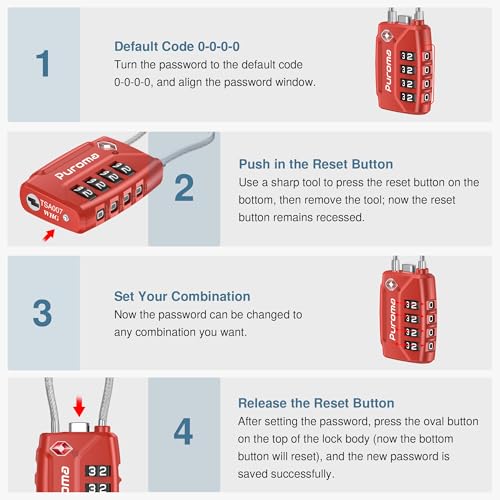 2 Pack TSA Approved Luggage Locks 4 Digit Code Cable Lock Red (2 Count)
