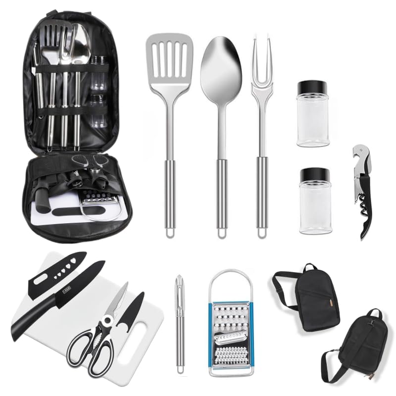12 Piece Camping Kitchen Utensil Set with Carry Bag and Grilling Tools (12 Count)