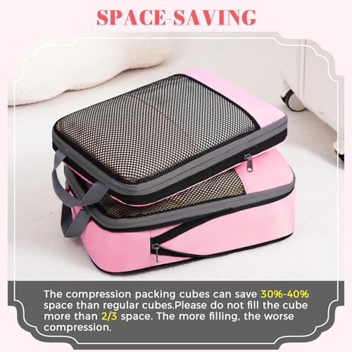 4 Set/6 Set/8 Set Compression Packing Cubes Travel Accessories Expandable Packing Organizers (Half Mesh, 6-Pink)