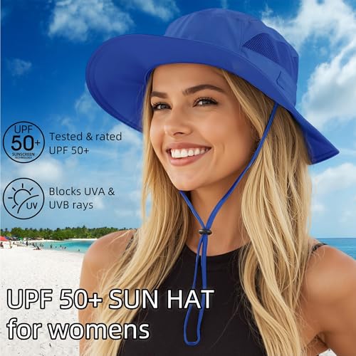 Women's Wide Brim Bucket Sun Hat Quick Dry UPF 50+ Sun Protection Fishing Hat Breathable Beach Hats Royal Blue