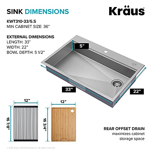 KWT310-33/5.5 Kore ADA Workstation 33-inch Drop-In Topmount 16 Gauge Stainless Steel Single Bowl Kitchen Sink with Accessories, 33 Inch
