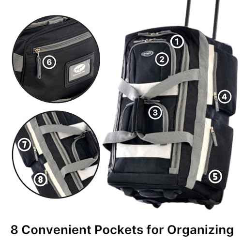 22 inch Carry On 8 Pockets Wheeled Rolling Duffel Bag Water Resistant Luggage Lightweight Travel Suitcase with Retractable Handle