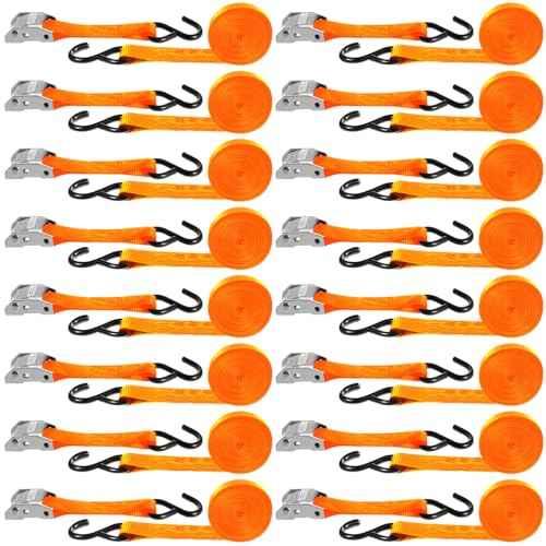 16 Pcs Cambuckle Tie Down Straps 1763lbs Break Strength Securing Straps 1'' x 15 ft Cambuckle Tie Downs with S Hook for Motorcycle (16 Count)