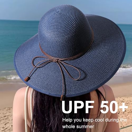 Womens Sun Straw Hat Bowknot Hat Summer Wide Brim Bucket Hats Foldable Beach Sun Hats Roll up UPF 50+