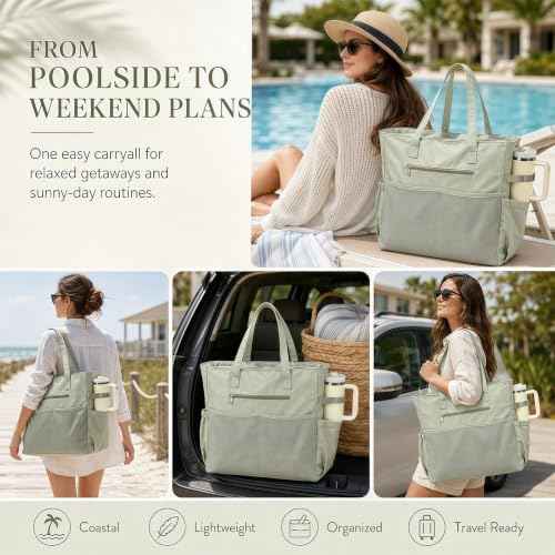 Waterproof Beach Tote Pool Bags for Women Ladies Extra Large Carry On Bag With Wet Compartment for Weekender Travel