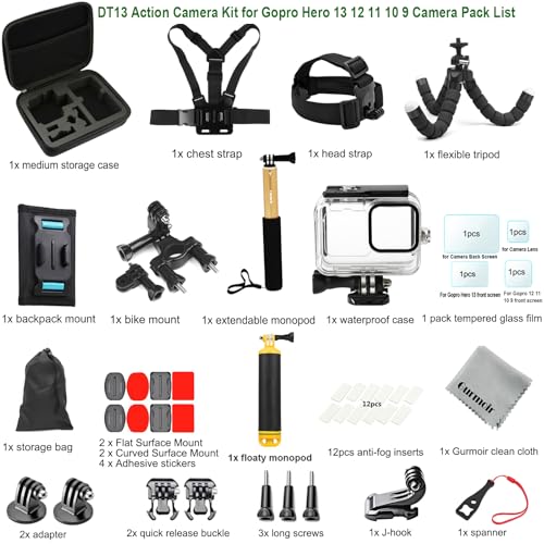 Accessory Kit with Waterproof Case for Go Pro Hero 13 12 11 10 9 Black. Underwater Diving Housing Floating Hand Grip Screen Protector Bundle Pack for GoPro 13 12 11 10 9 Camera
