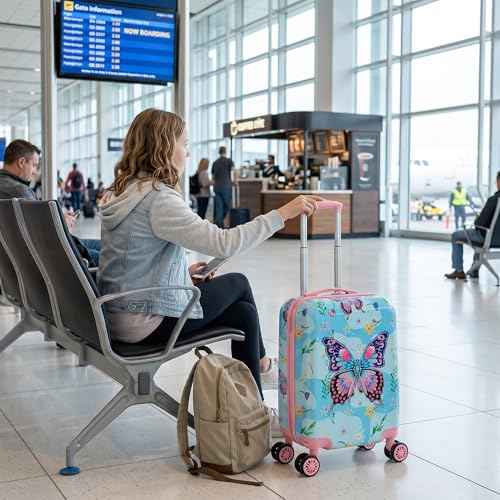 Kids Luggage Set 2 Pcs Carry On Rolling Suitcase with U shaped Pillow Butterfly Toddler Suitcase for Girls Hardside Luggage with Spinner Wheels Airline Approved (2 Count)
