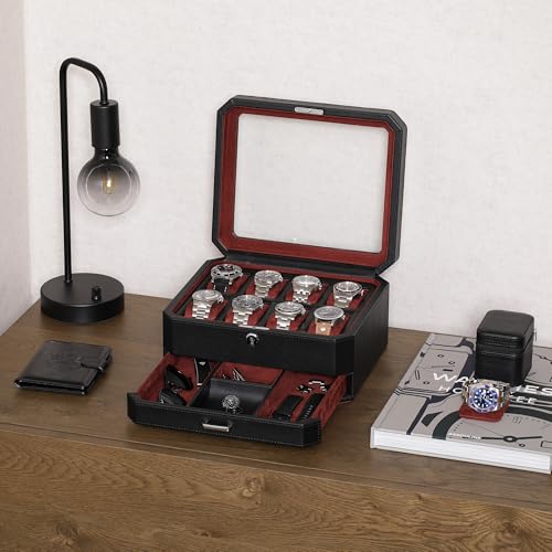 8 Slot Leather Watch Box with Valet Drawer