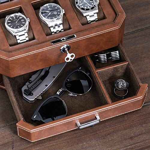 6 Slot Leather Watch Box with Valet Drawer