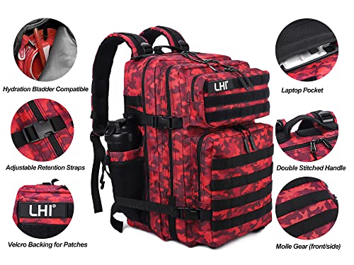 Military Tactical Backpack for Men and Women 45L Army 3 Days Assault Pack Bag Large Rucksack with Molle System Red Black