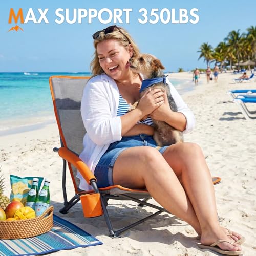 Beach Chairs for Adults 2 Pack High Back Low Folding Camping Chair Portable Lightweight with Cup Holder for Travel (2 Count)