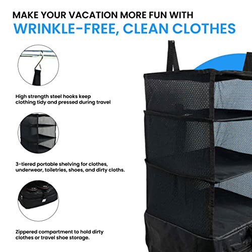 Stow-N-Go Hanging Travel Shelves, Packing Organizer for Luggage. Carry on Closet for Suitcase. Expandable Packing Cube. Travel Essentials. (Black - L, L = (L) 11.8" x (W) 11.8")