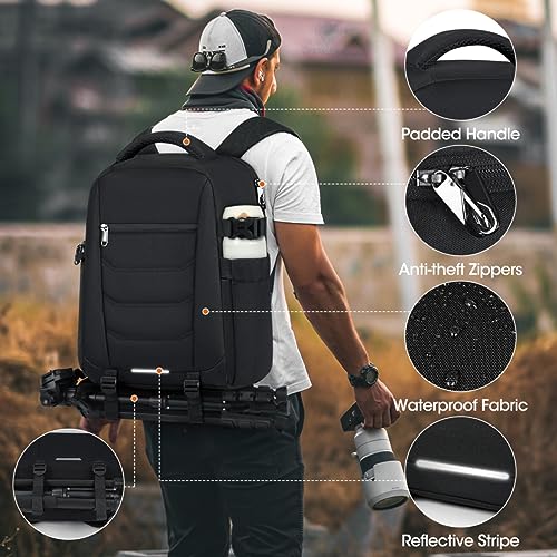 Camera Bag Backpack Professional for DSLR SLR Mirrorless Camera Waterproof Laptop Back Pack 15.6 Inch with Rain Cover Anti Theft Travel Case Large Capacity Photography Backpack Black